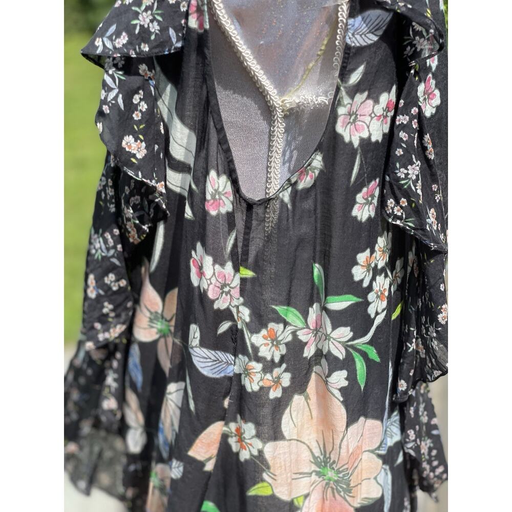 Megan Park Mixed Print Women’s Black Floral Gauzy Cotton Silk Ruffle Shirt Sz M - Picture 6 of 10
